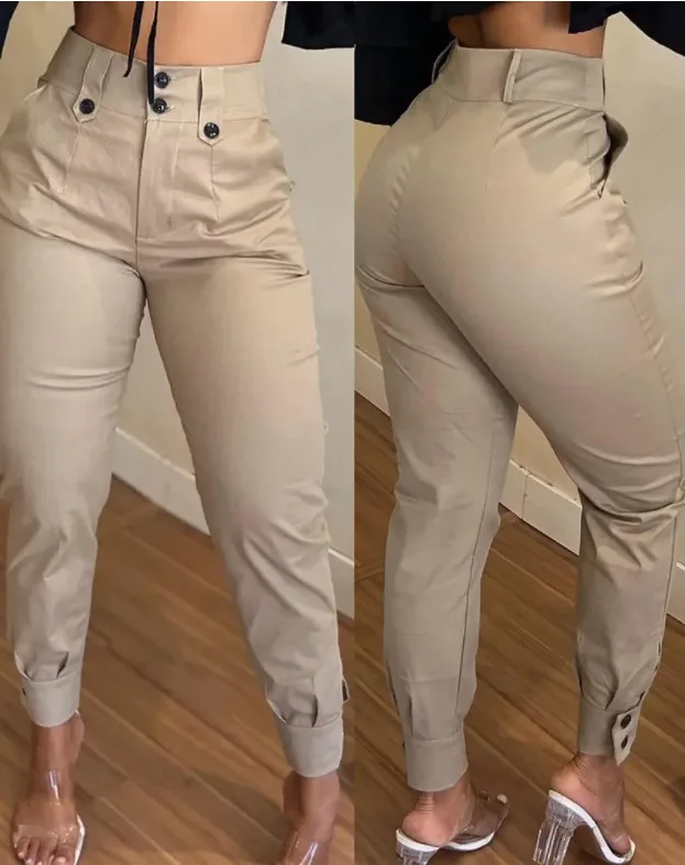 Women Capris Spliced Cargo Pants Pockets Solid High Waist Zipper Fly Skinny Casual 2024 Button Pencil Pants Ankle Length