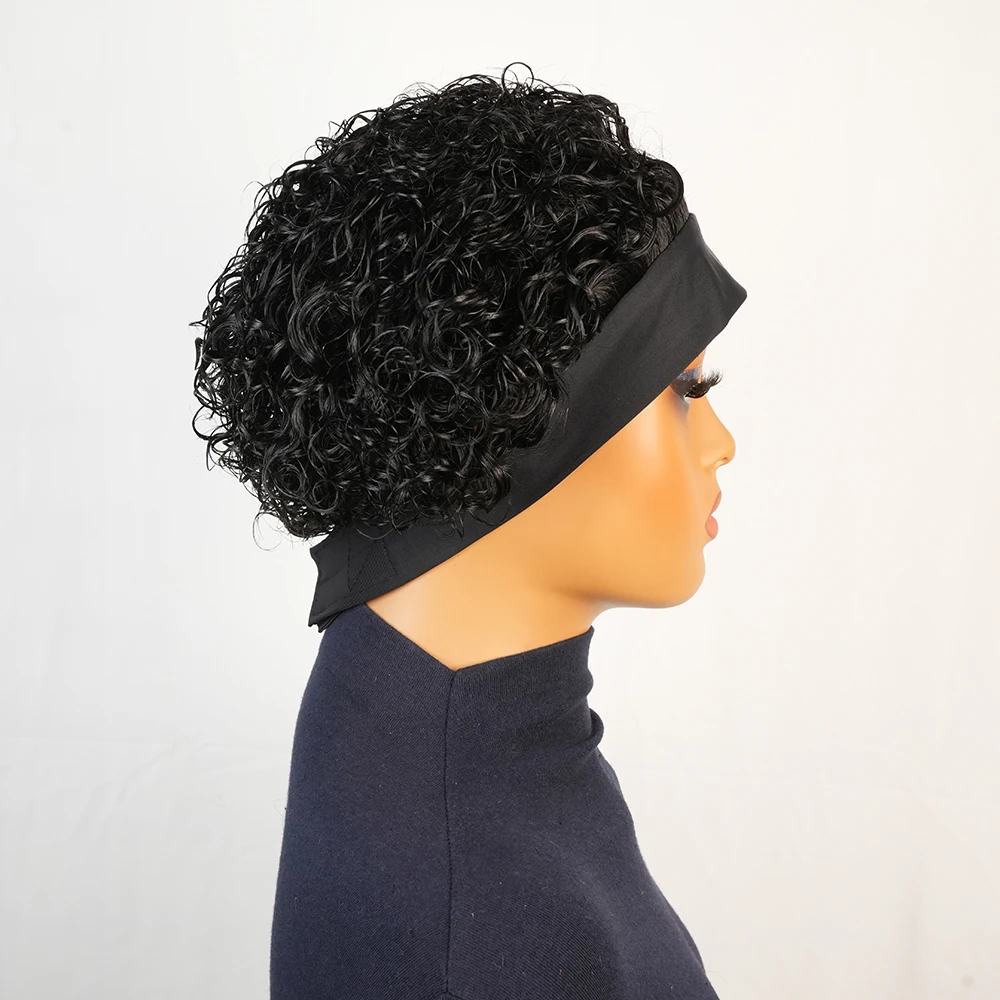 Short Kinky Curly Headband Wig 100% Human Hair for Black Women Brazilian Bob Style with Bangs Full Machine Made Natural Look