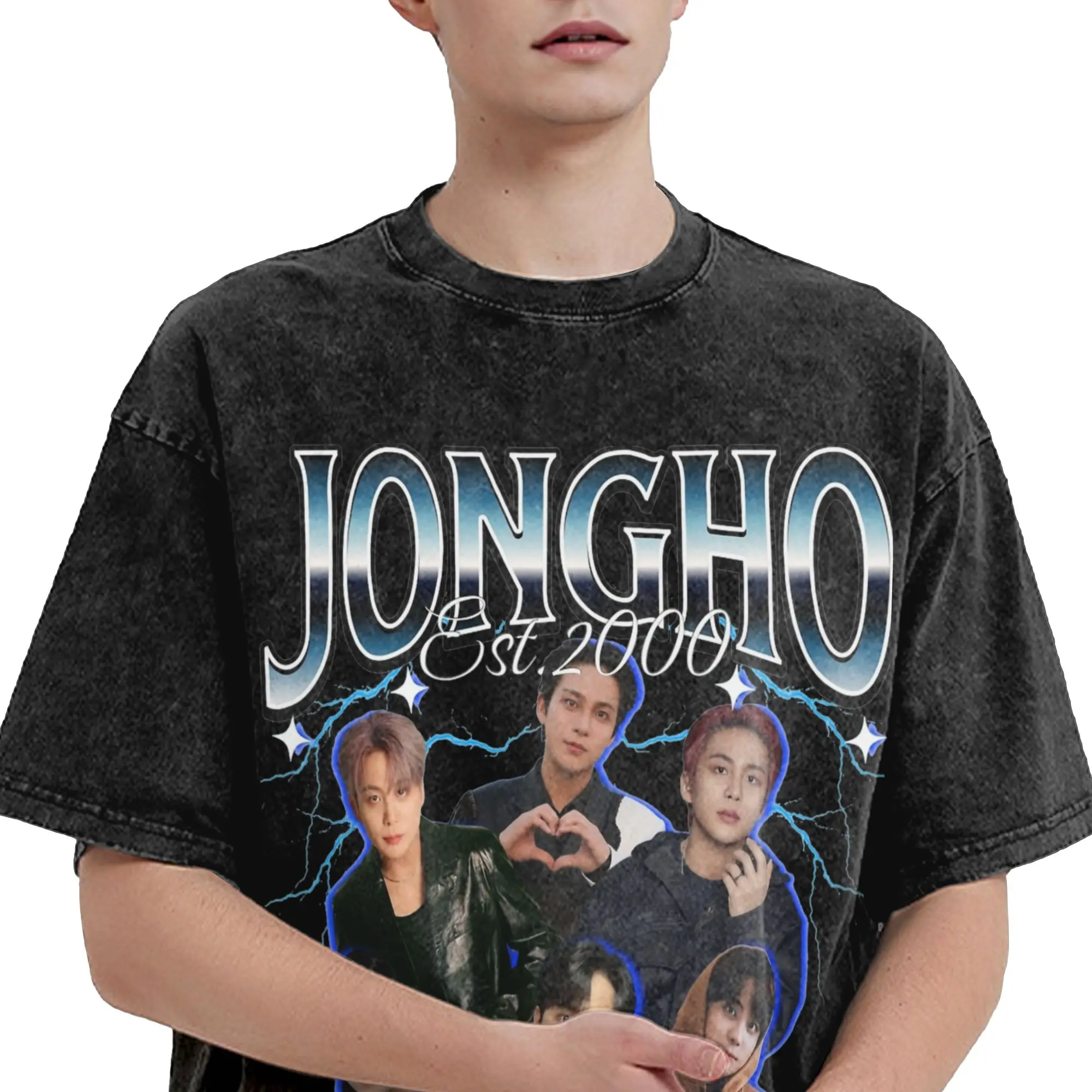 Jongho 90s Ateez Kpop Band T Shirts Washed Short Sleeve Oversize T-Shirt for Men Women Tops Streetwear Printed Tops Tees