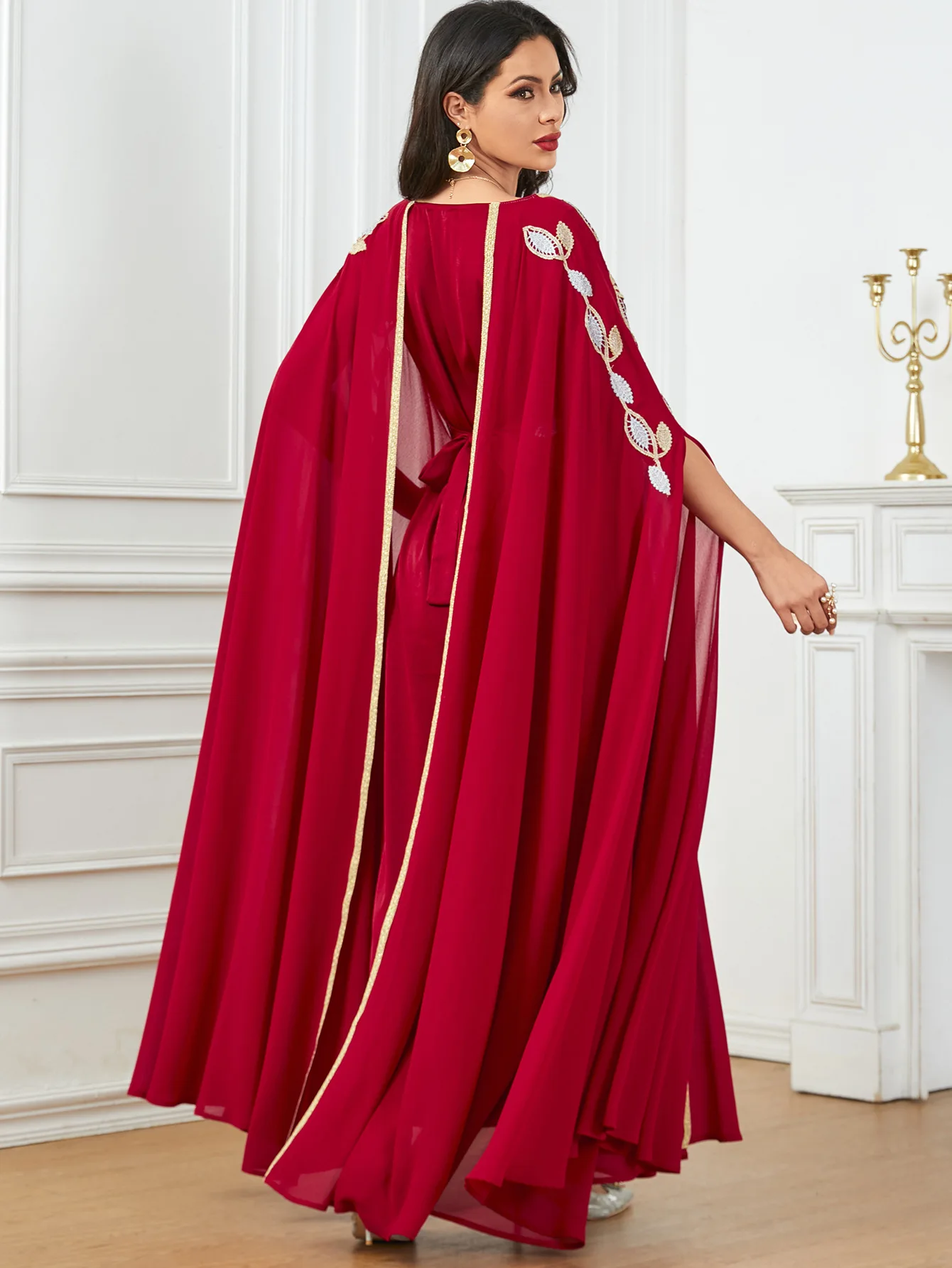 UNI Arab Dubai Super Full Sleeves Long Dress With Belt Muslim Woman Abaya Square Collar Loose Moroccan Saudi Appliques Robe