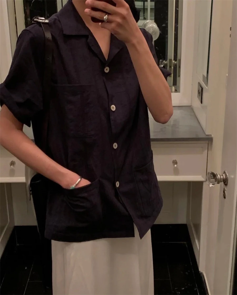 

Простой для поездок на работу ort Sve irt, винтажный отложной воротник, уличный свободный крой, однотонный, с застежкой на пуговицы, лето, Новое поступление