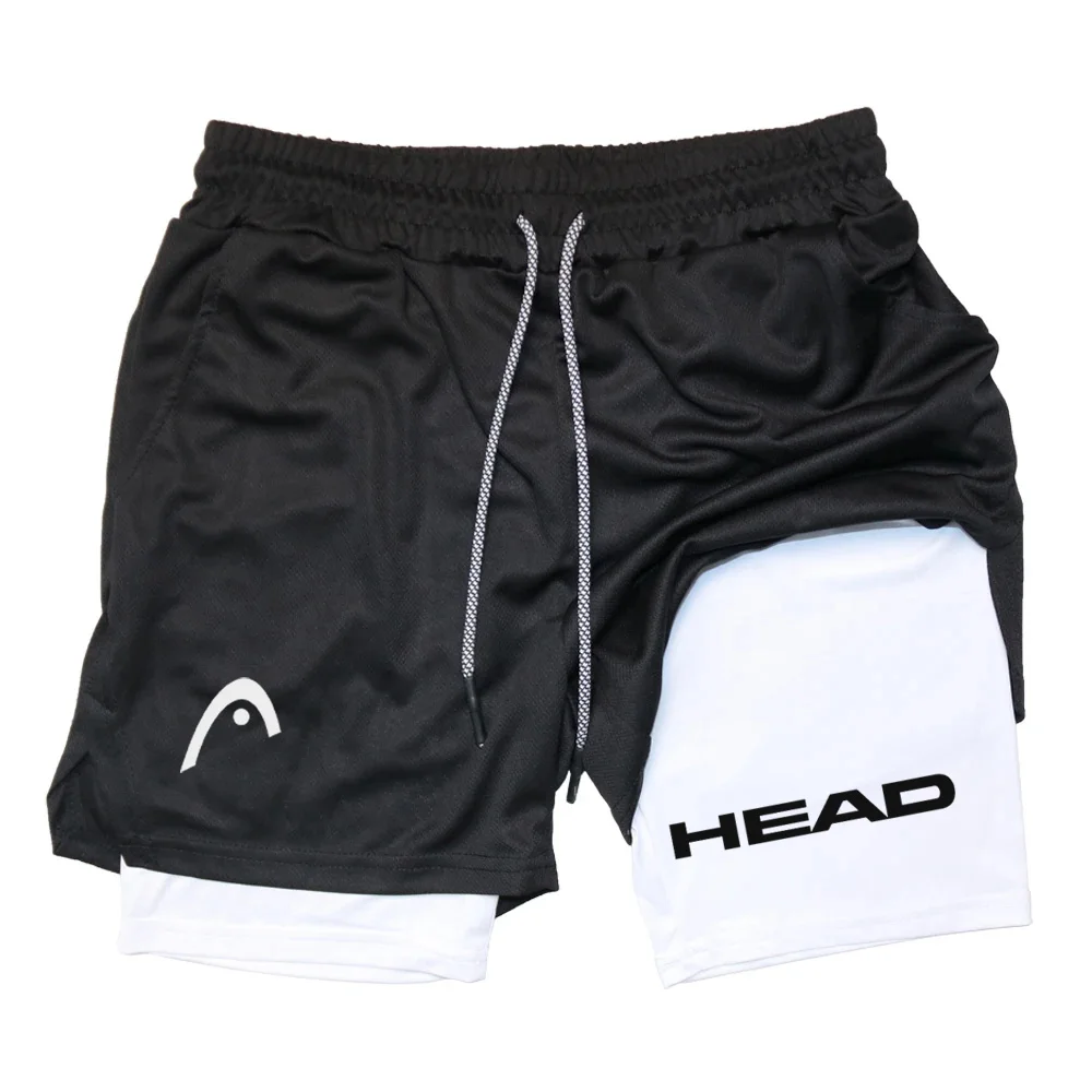 Shorts de compressão respirável 2 em 1 masculino, shorts de fitness de camada dupla, shorts esportivos de câncer, secagem rápida, corrida,