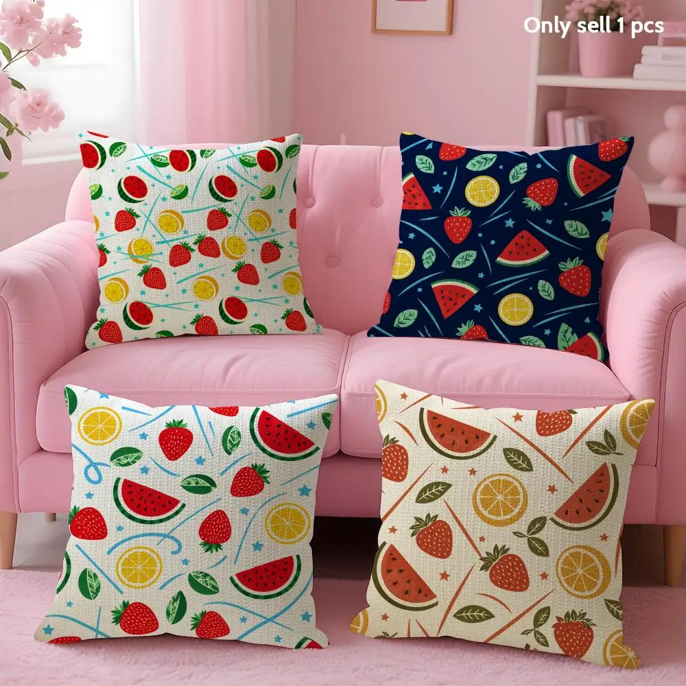 Summer Mixed Fruits Cushion Cover Linen Organic Fabric Double-Sided Printing Sofa Breathable Home Decor Gift Pillow Case