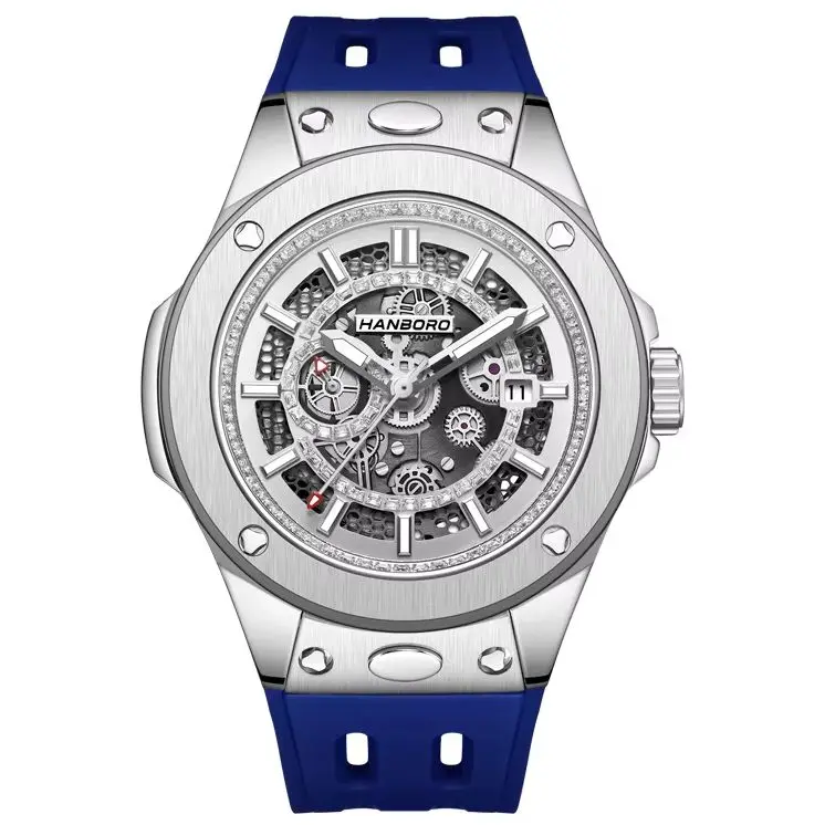 HANBORO Men Automatic Watch 42mm Mechanical Wristwatch Sapphire Mirror Luminous Skeleton Dial Miyota 8217 Quick Release Strap