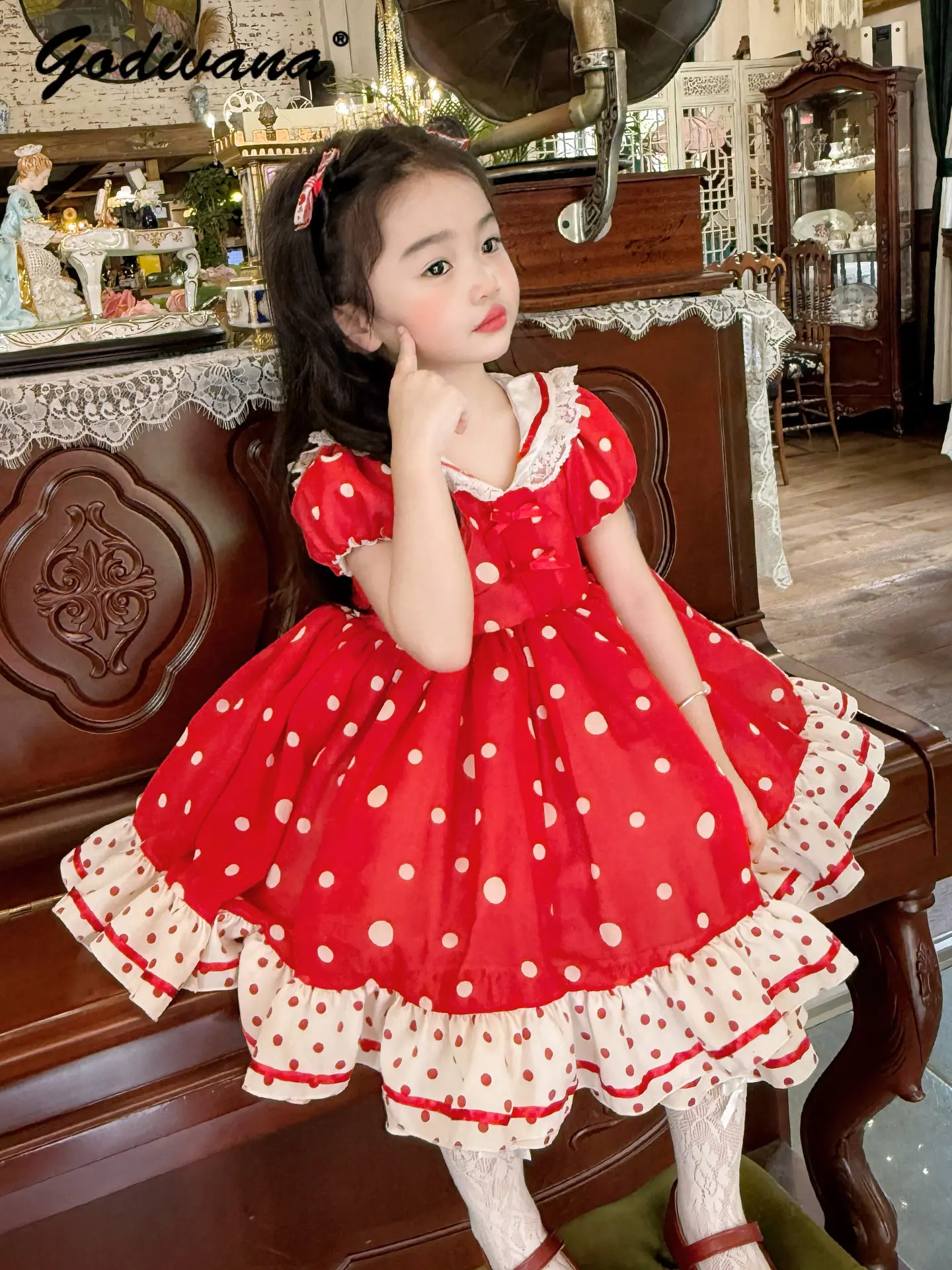 Sweet Baby Girls Cute Polka Dot Red Princess Dress Kids Summer New Bow Puff Sleeve Lace Doll Collar High Waist Ruffle Trim Dress