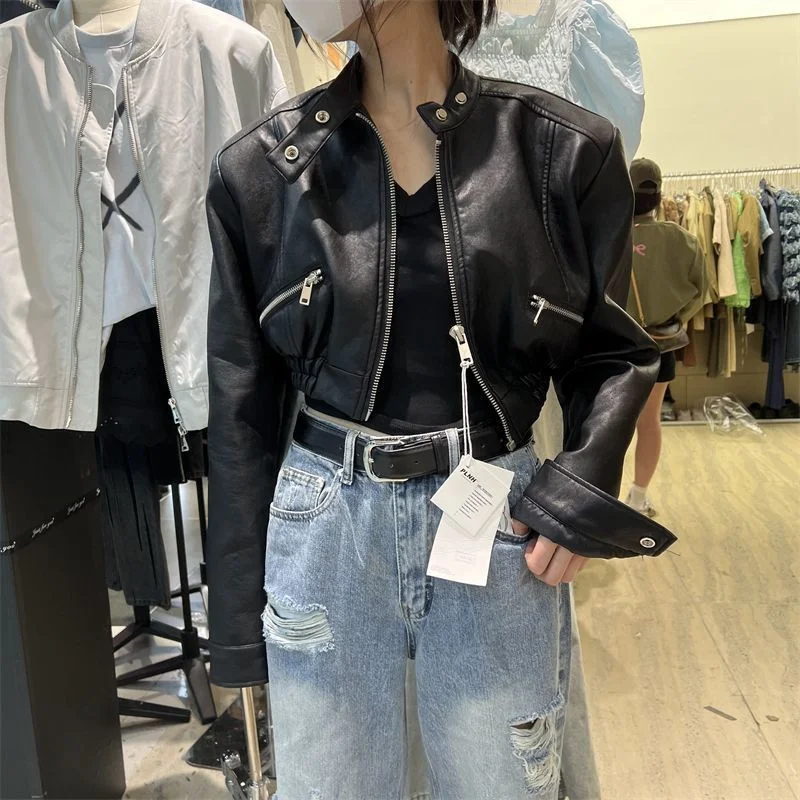 

Women Short Leather Jacket Motorcycle Coat 2026 Spring Autumn New Retro Stand Up Collar PU Leather Zipper Outerwear Tops