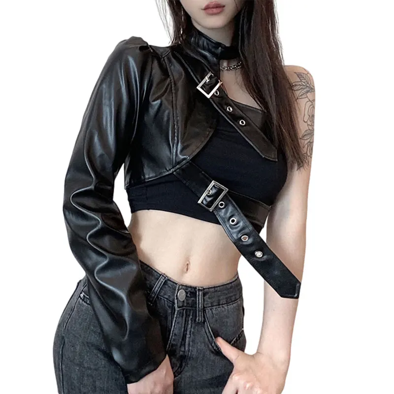 Moda donna stile Punk Crop top Cool singolo manica lunga collo gancio cintura in pelle collegato top abbigliamento donna Streetwear