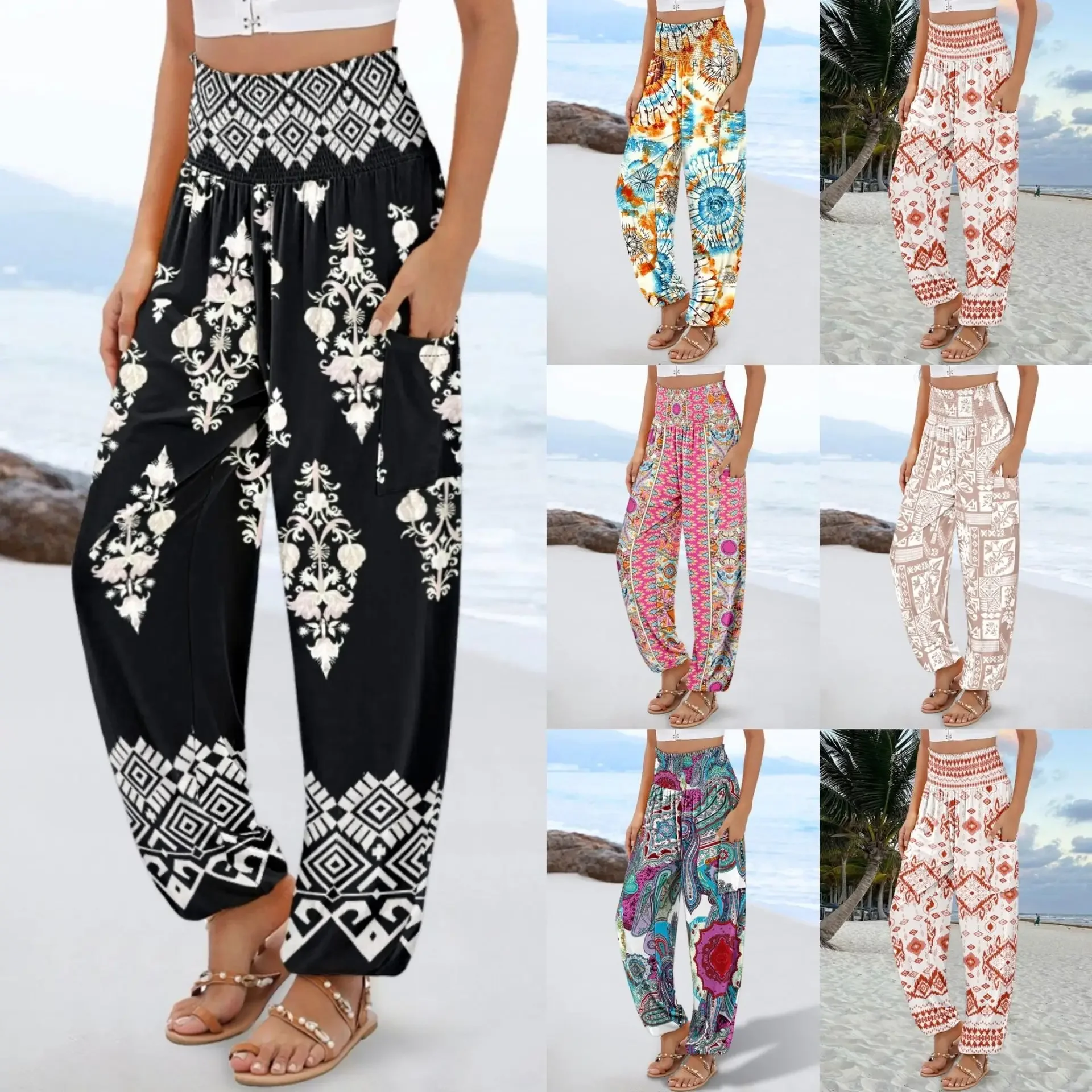 Damen Boho Bedruckte Haremshose mit Hoher Taille, Elastischem Bund, Seitentaschen, Lockere Hose für Strandurlaub und Freizeit – Detail 2
