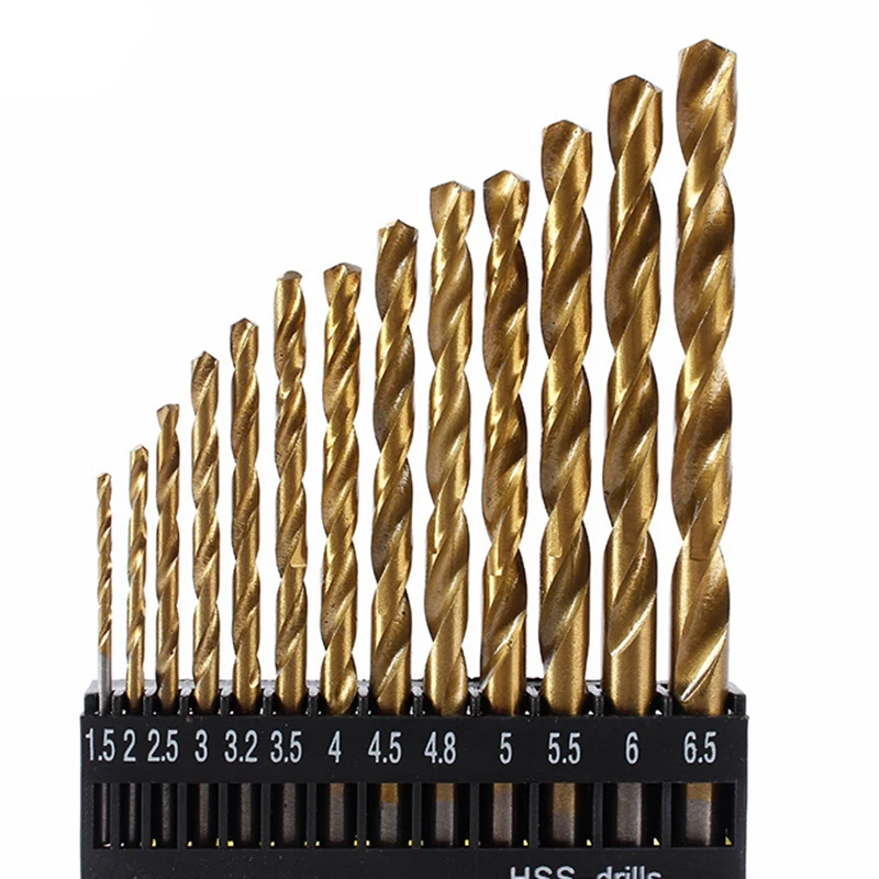 

13pc 1.5-6.5mm Round Shank Twist Drill Bit Set Titanium Coated Hole Cutter High Speed Steel Gun Drill Bit Metal Woodworking Tool