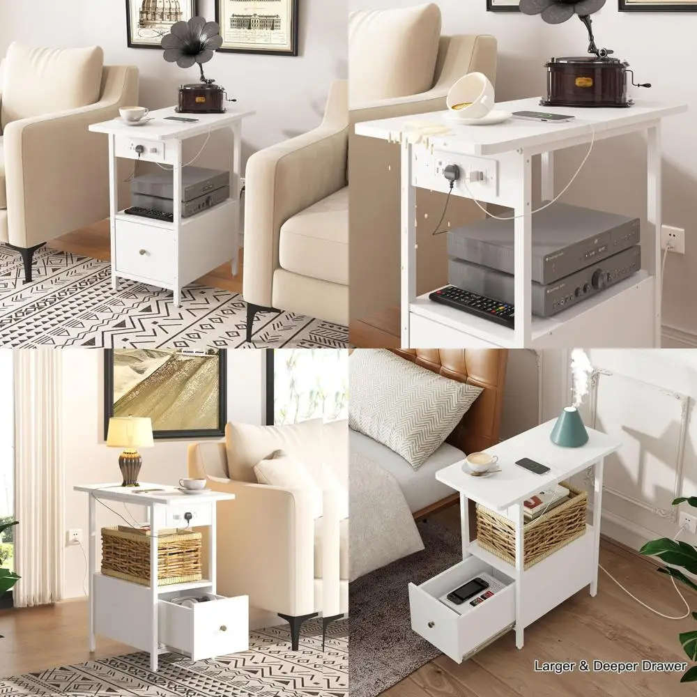 

Белая прикроватная тумбочка с зарядной станцией, выдвижным ящиком и USB/электрическими розетками для небольших помещений
