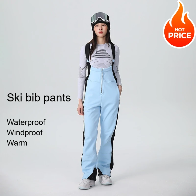 

25-26 New Women's Ski Bibi Pants Waterproof Windproof Stretchy Anti-wear Solid Zipper Slim Resilient Outdoor Warm in Winter