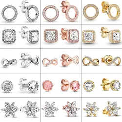 925 Sterling Silver Earring Sparkling Circle & Infinity Stud Earrings Square Sparkle Stud Earrings Fine Jewelry Women DIY