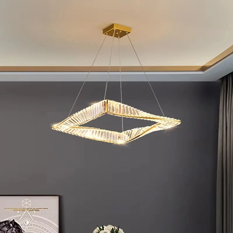 

Rectangle LED Crystal Chandelier Living Dining Room Design Kitchen Hanging Lamp Modern Home Decor Square Gold Light Fixtures