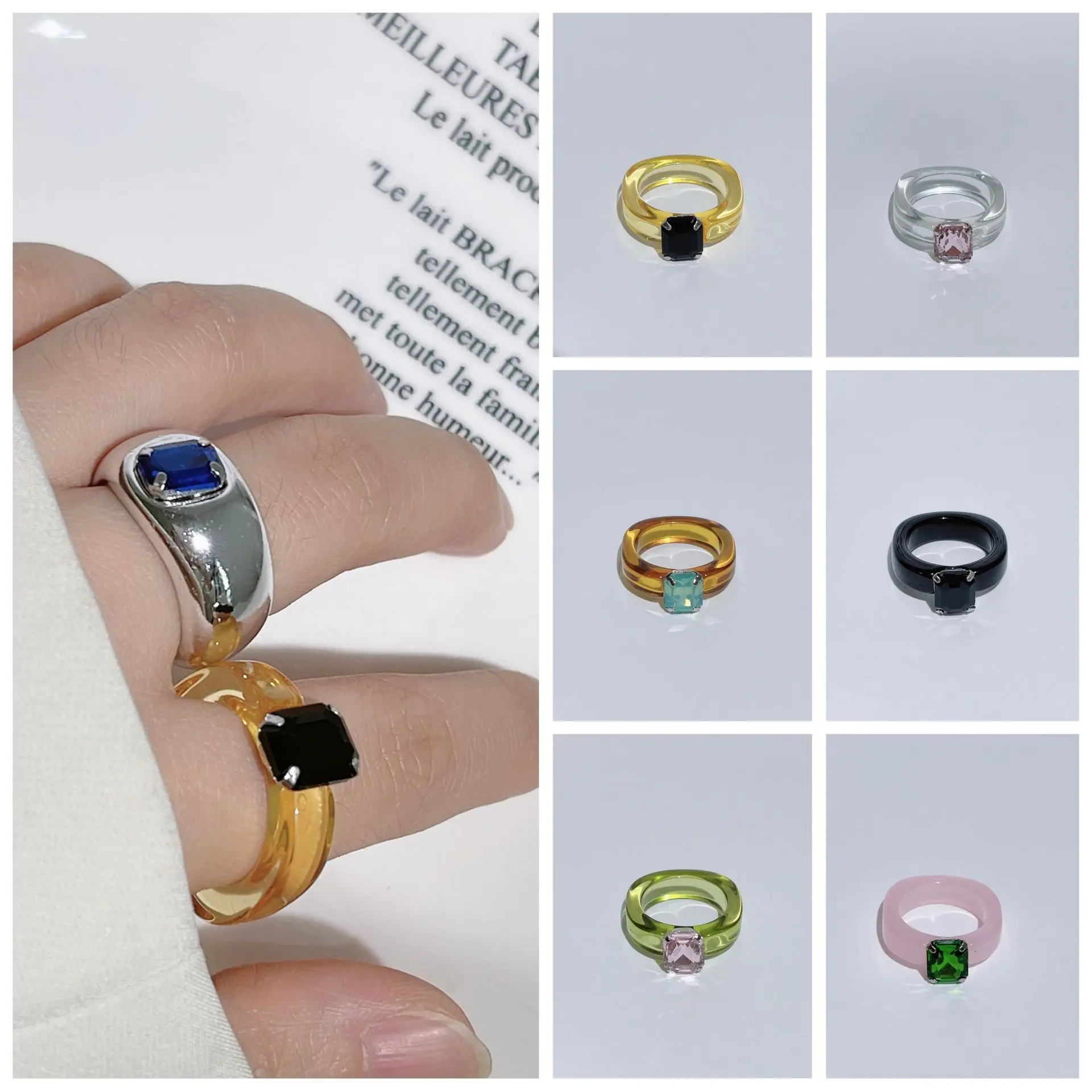 Sweet Design Candy Colored Resin Acrylic Gemstone Ring Transparent Jelly Texture Ring