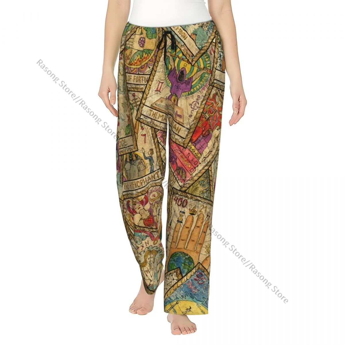 

Cozy Flannel Pajama Pants for Women Old Colorful Tarot Cards In Chaotic Layout Sleep Bottoms Home Loungewear