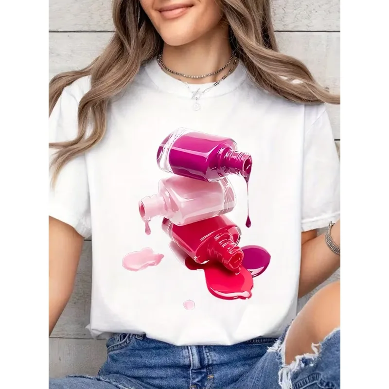 Nail Polish Bottles Print Women's T-Shirt Casual Crew Neck Short Sleeve Graphic Tee Summer Streetwear for Daily Wear Salon