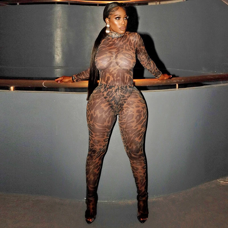 

CUTENOVA Women Leopard Print Mesh See-Through Set High Neck Long Sleeve Bodysuit+Skinny Stocking Pants Set Causal Streetwear Set