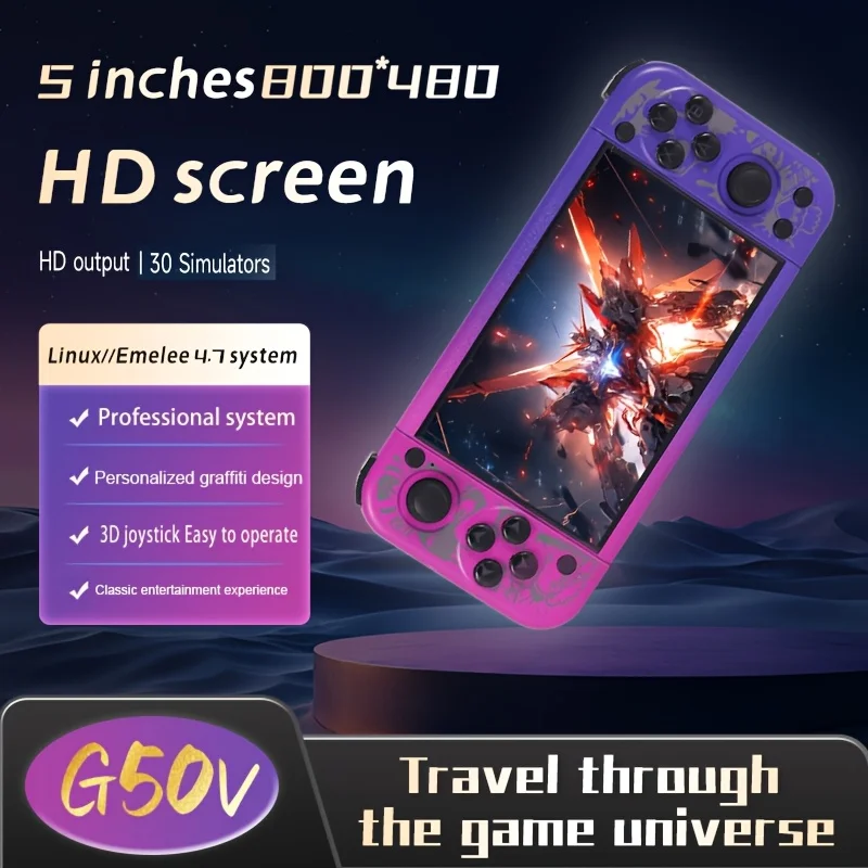 

G50V Handheld Gaming Console: Features a 5-inch HD screen and Linux operating system, offering 64GB/128GB storage capacities.