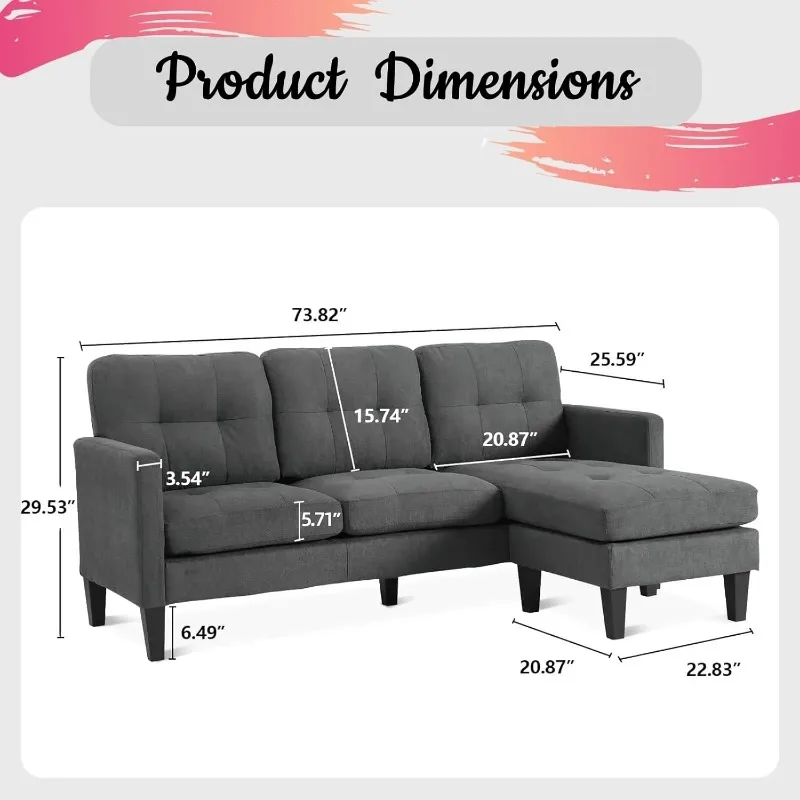 L Shape Sofa Small Sectional Couches - Convertible Sofa Small Couches Sleeper Sofa Bed Couch, Dark Grey Couch Modern L Shape Sec