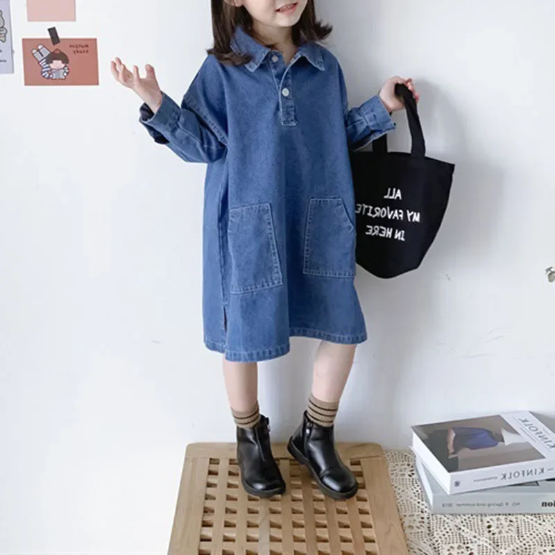 

Spring Autumn Children Clothing Girls Dress 2022 New Fashion Lapel Loose Denim Long Dress Baby Clothes Casual Dress for Girls