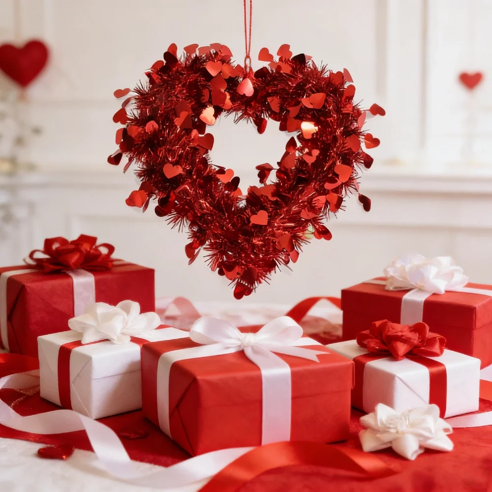 1 Stück Valentinstag-Herzkränze für die Haustür, 35,6 cm, mit Herz-Lametta-Folie, Liebes-Hängegeschenk für Jahrestag, Hochzeit, Party, Wand