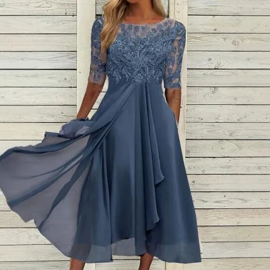 

Elegant Party Dress Wedding Guest Chiffon Lace Bodice Dresses A Line Maxi Dress Chiffon Skirt Evening Dress Prom Three Quarter