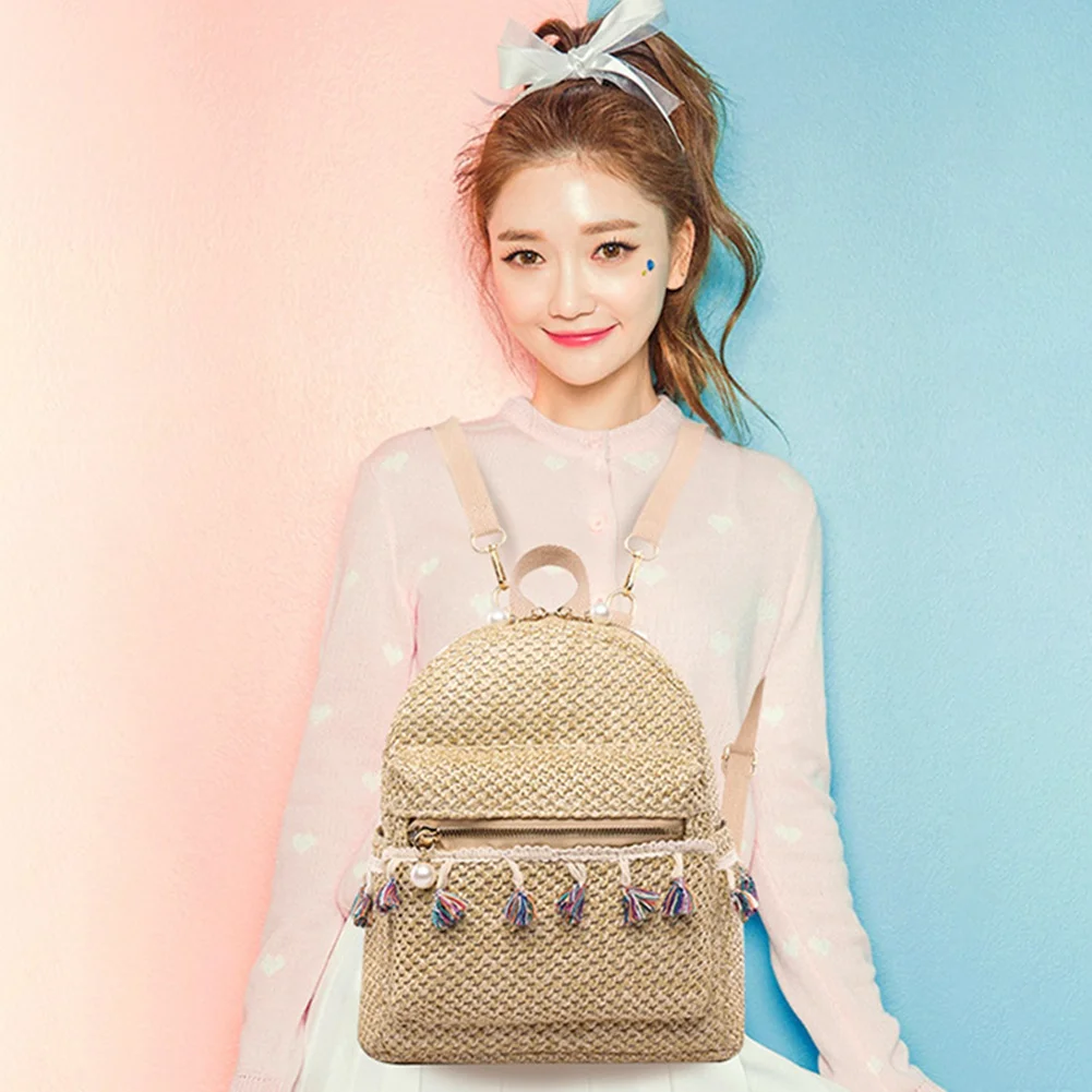 

【SEE】Women Backpack Teen Girls Summer Beach Straw Weave Tassel Backpackk Female Casual Shoulder School Bag