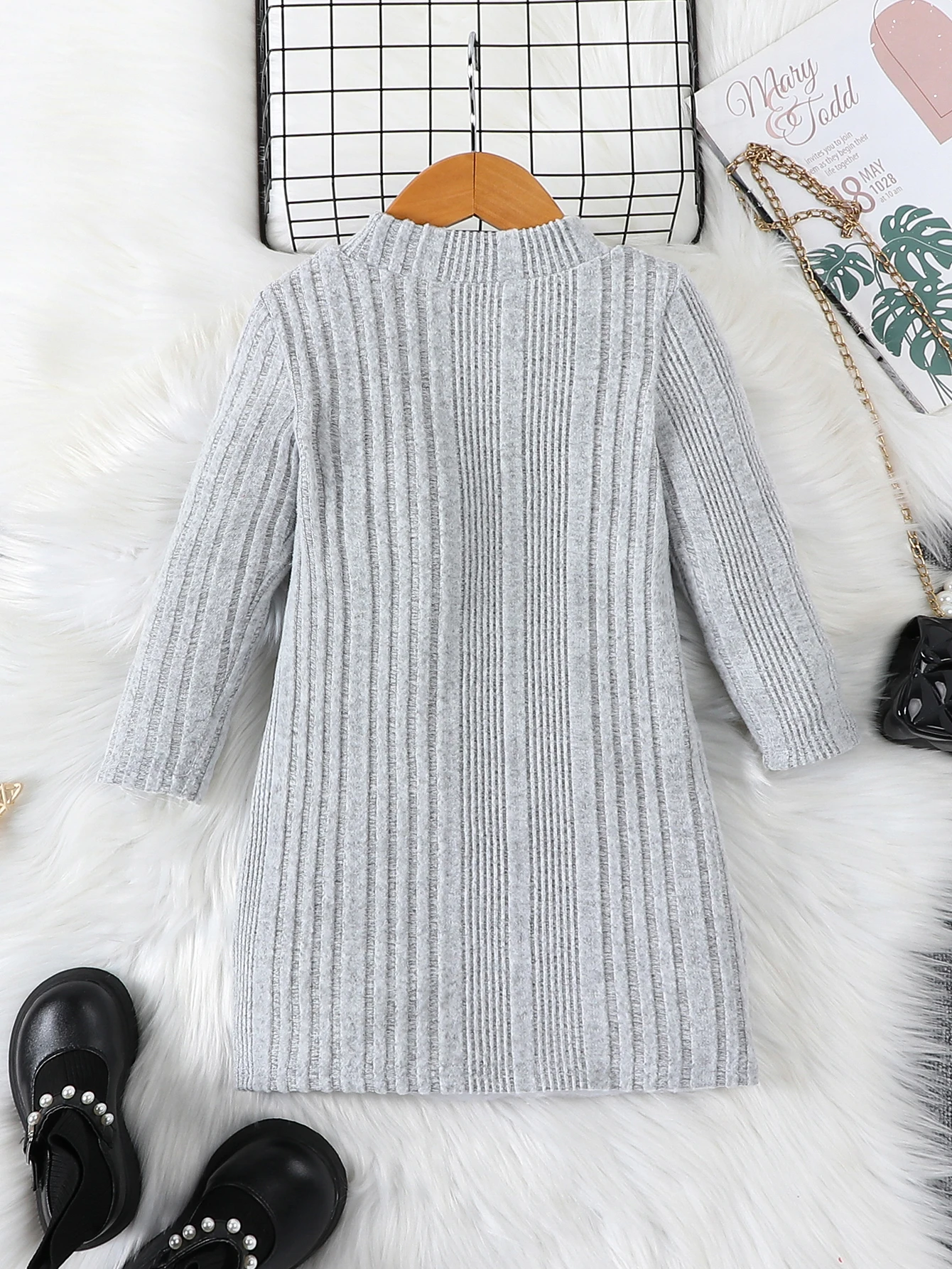 Mädchen Baby Langarm Rundhals Geripptes Freizeitkleid Einteiler für Herbst und Winter (ohne Accessoires) – Detail 3