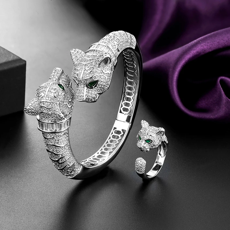 Lanruisha Luxury Animal Leopard Bangle and Ring Women's Jewelry Set Full Zircon Rectangular Zircon Micro Setting Popular jewelry