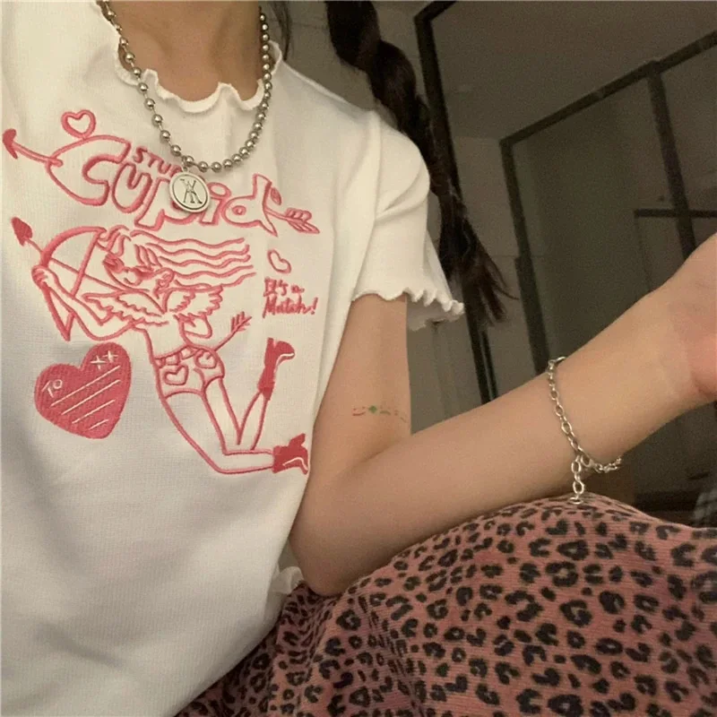 Women Tshirt Sexy Crop Top Tees Angel Print Y2k Tops Harajuku Kawaii Summer Short Sleeve 90s Streetwear Vintage Female Clothing