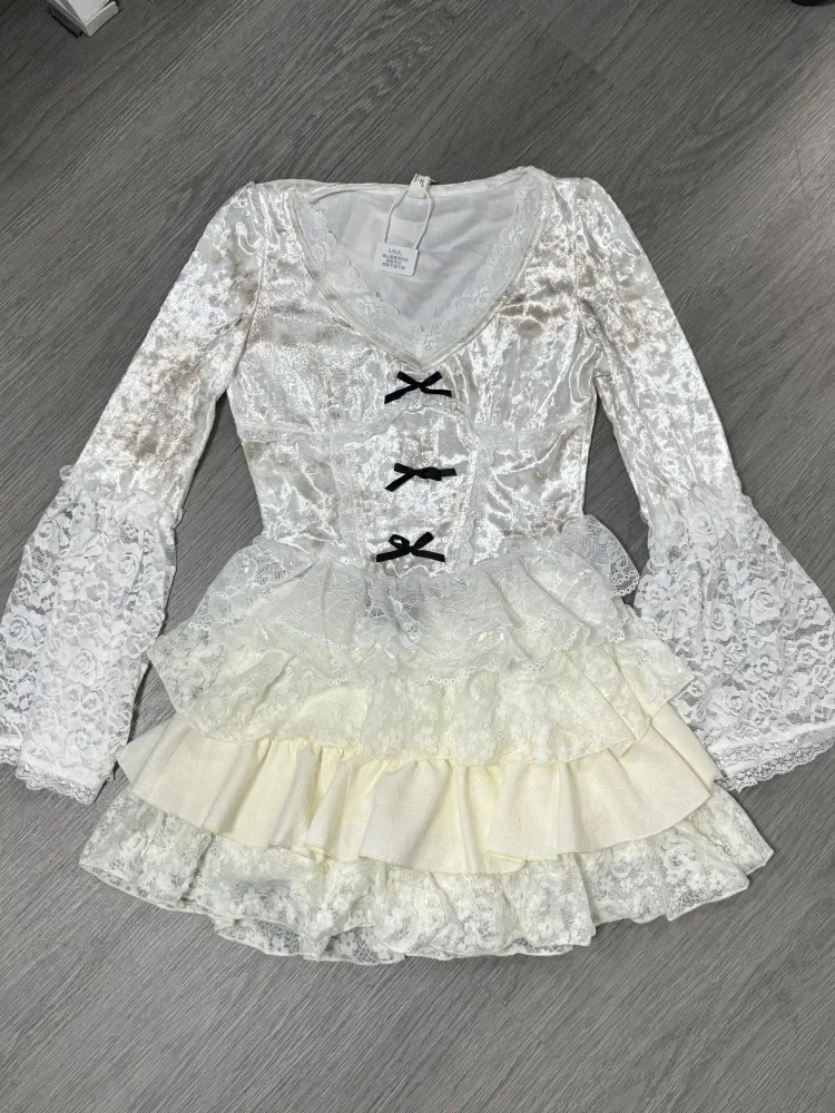 Primavera francês sexy doce elegante 2 peças conjuntos feminino arco picante menina vintage high street mini saia terno feminino rendas chiques outfits