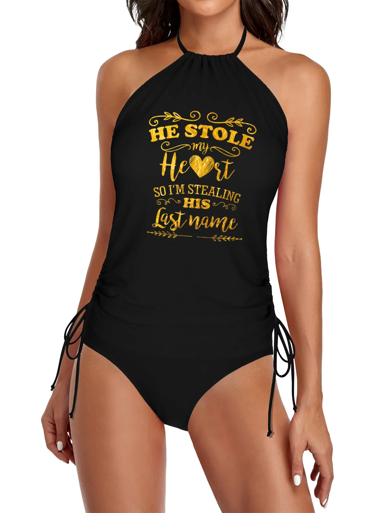 

Funny Bride He Stole My Heart Gold Split Swimsuit Set women's trikini 2025 beach outfit women bathing suits