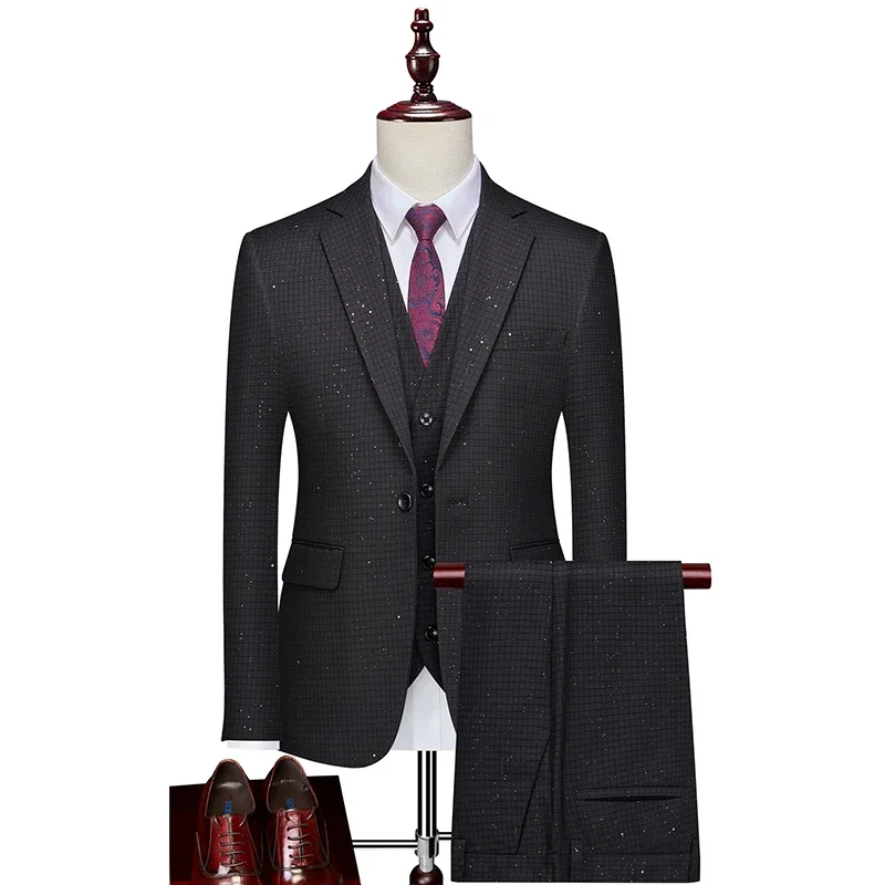 (Blazer+ Vest + Trousers)New men\'s jacquard sets three-piece wedding business banquet casual simple Slim fashion elegant suits