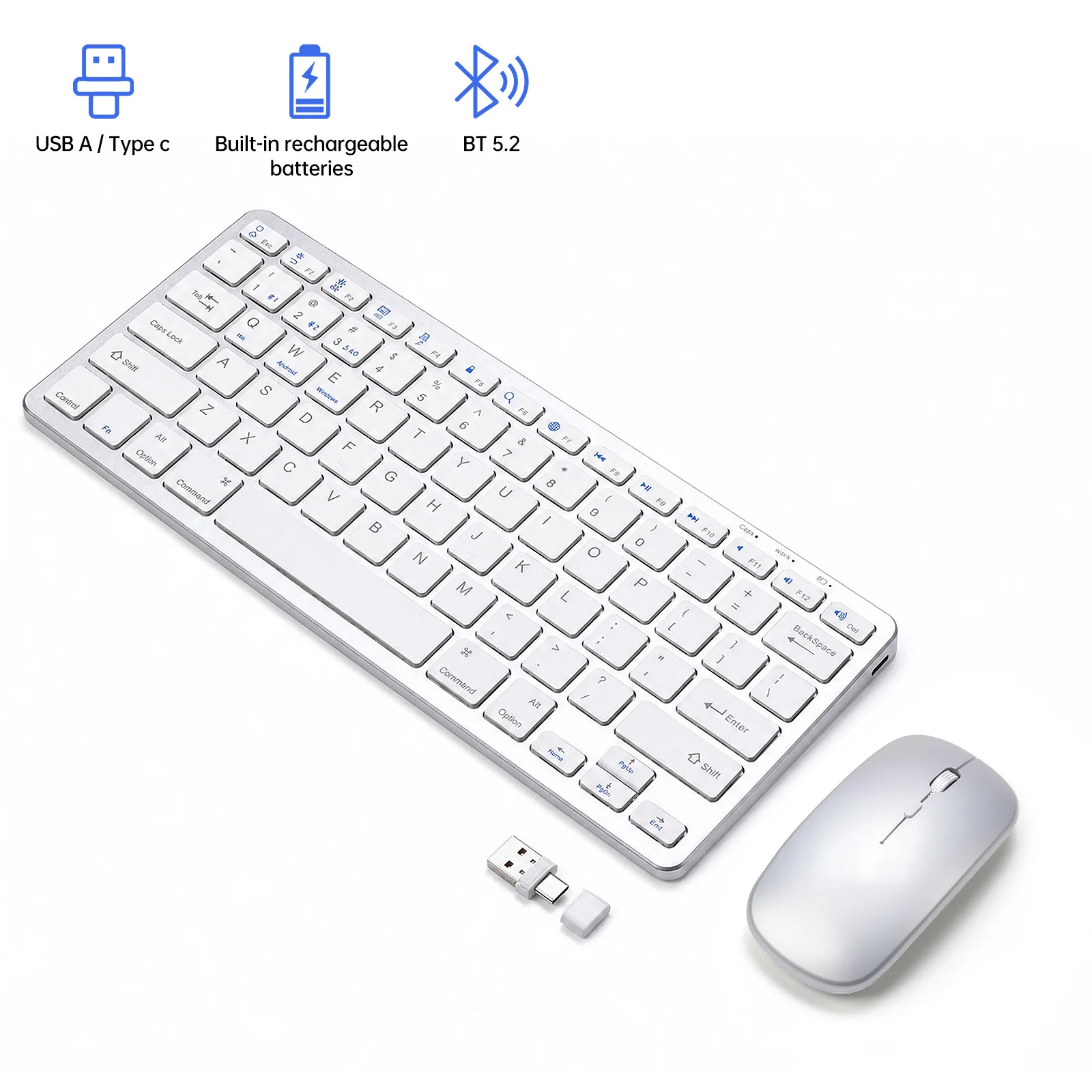 Silent Rechargeable Bluetooth Wireless Keyboard and Mouse Combo, Type-C/USB Receiver Set for Tablet, Smartphone and Laptop
