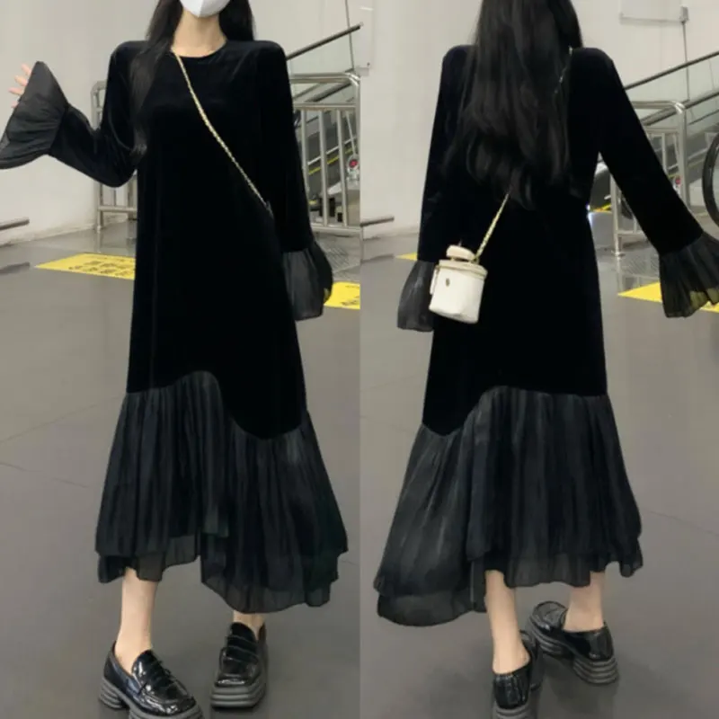 

Fashion Velvet Mermaid Midi Dress Patchwork Women's Clothing Vintage Solid Color 2024 Autumn Winter Commute Flare Sleeve Dresses