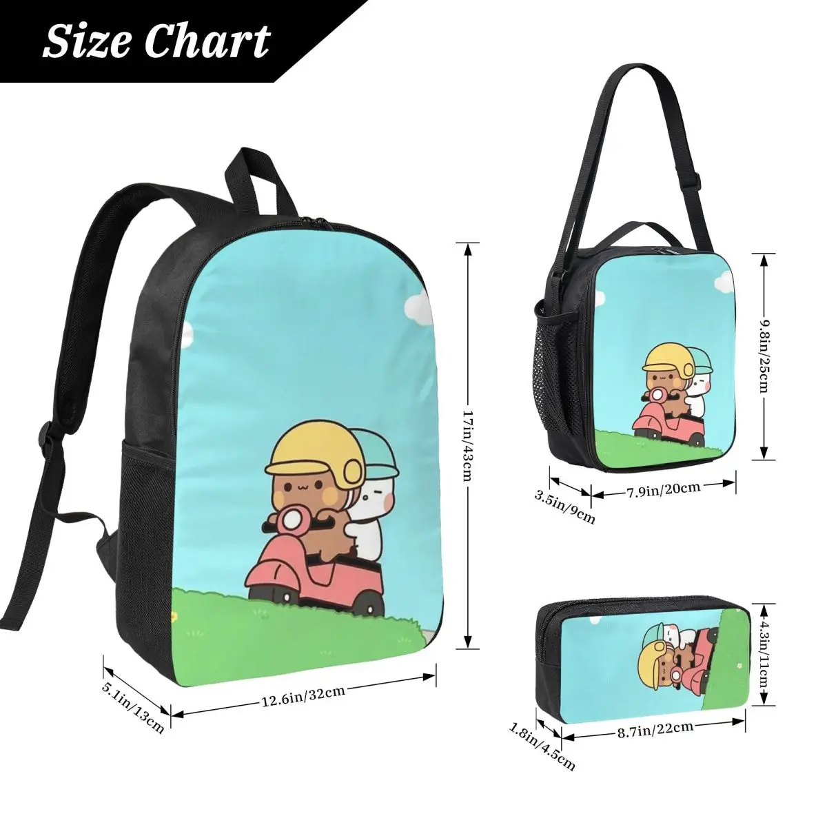 Peach And Goma Bubu Dudu Balloon Backpack Student Boys Girl BookBag School Bag Shoulder Bags 3ps Insulated Lunch Bag Pencil Case