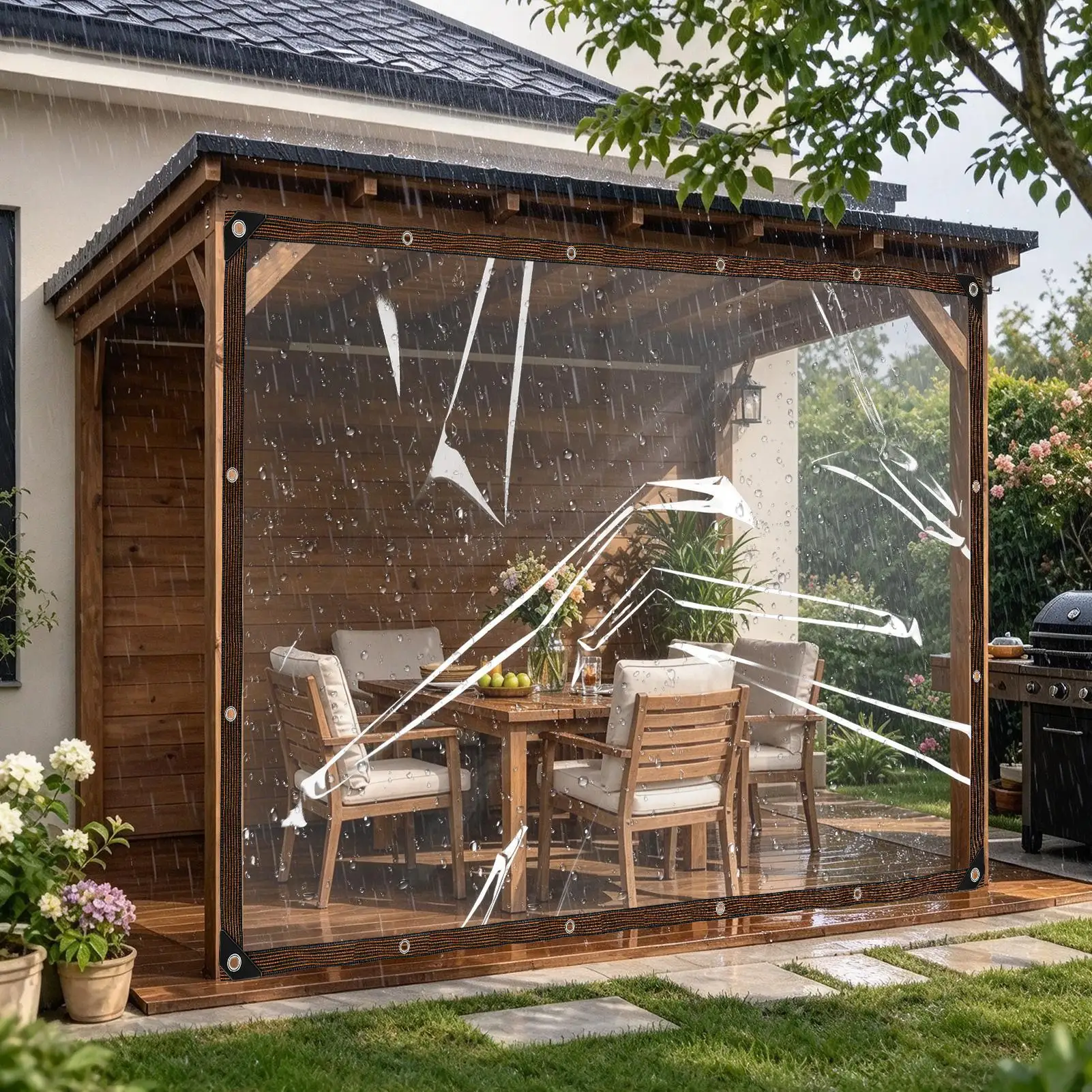 Transparent Waterproof Tarp Transparent Poly Tarpaulin Anti Tear Cover with Rustproof Gasket for Patio Garden Chicken Coop