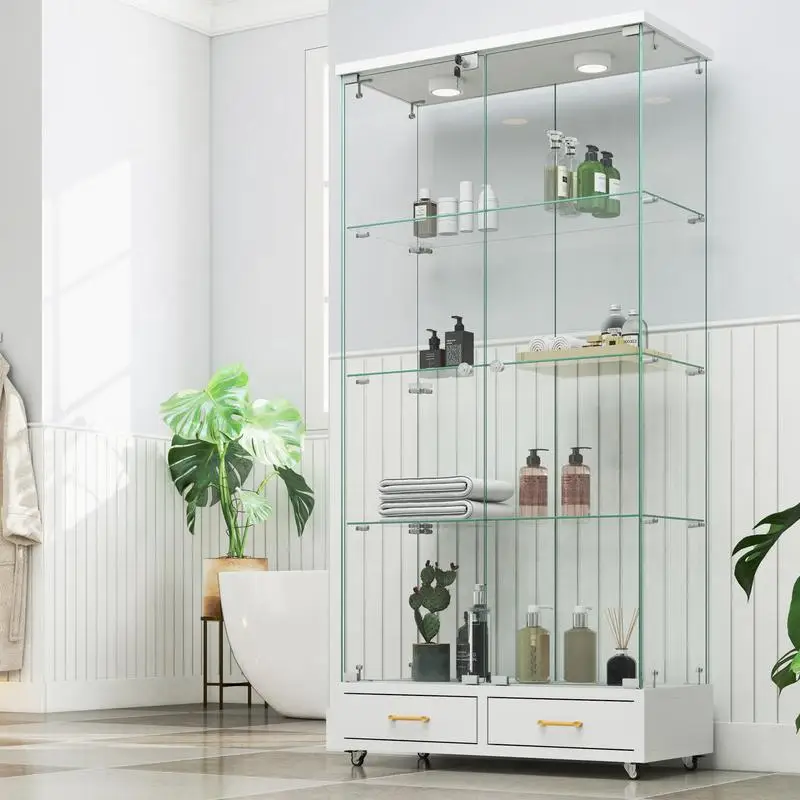 خزانة عرض زجاجية حديثة مع درجين كبيرتين، رف عتيق سهل التجميع مع أضواء LED، رف كتب من الزجاج المقسى، #3