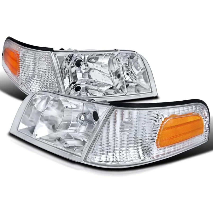 

Chrome Housing Clear Lens Headlights + Corner Lights Compatible with 1998-2011 Crown Victoria L+R Pair Head Light Lamp Assembly