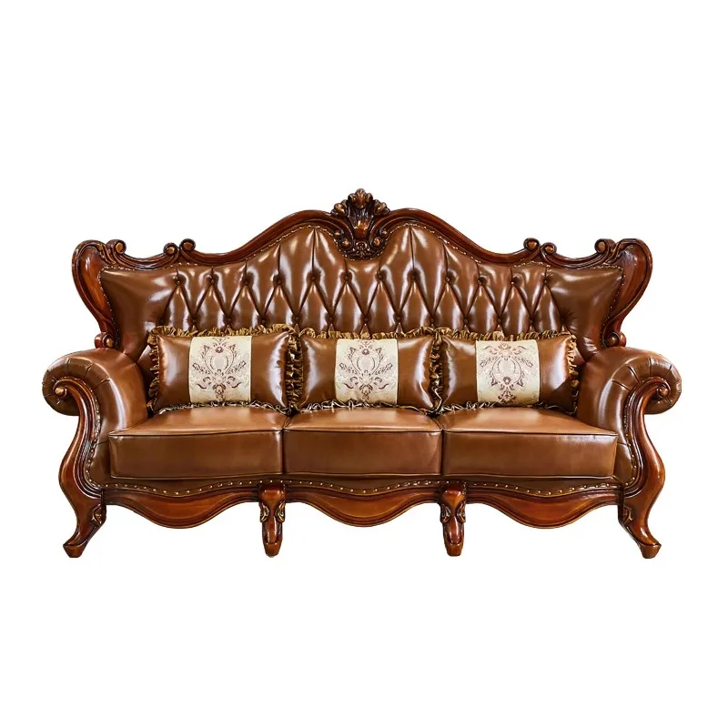 

European leather sofa combination solid wood carving flower large apartment villa small luxury living room whole mahogany Americ