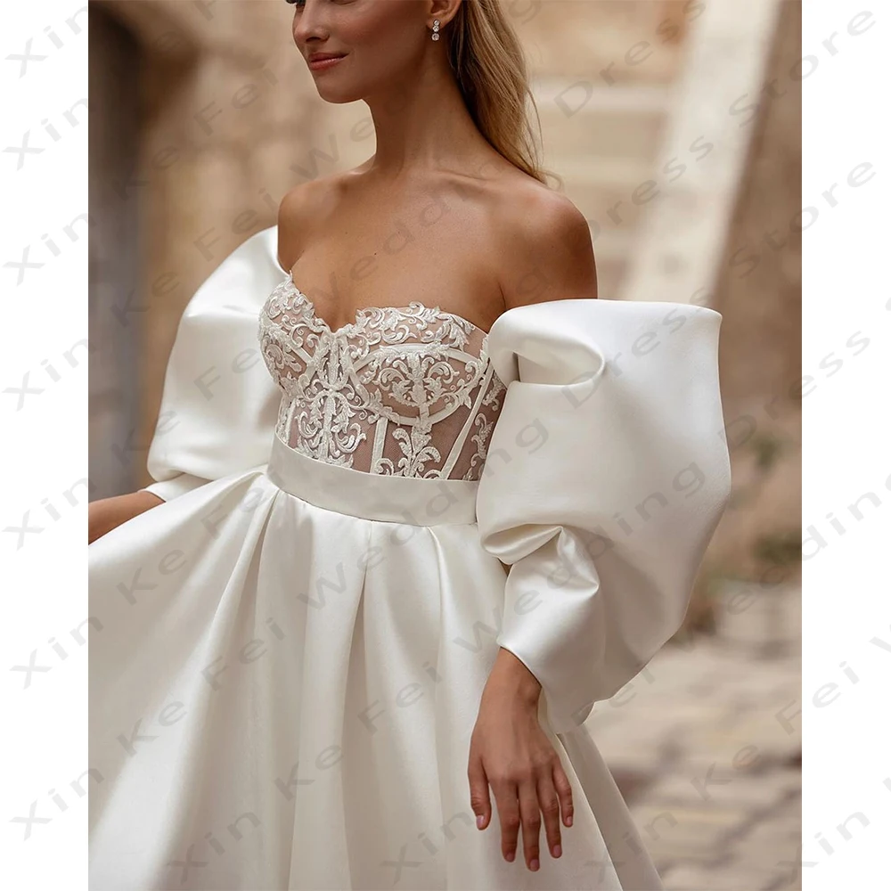 Gorgeous Women's Wedding Dresses A-Line Sexy Backless Detachable Bubble Sleeves Princess Prom Bride Gowns Formal Beach Party De