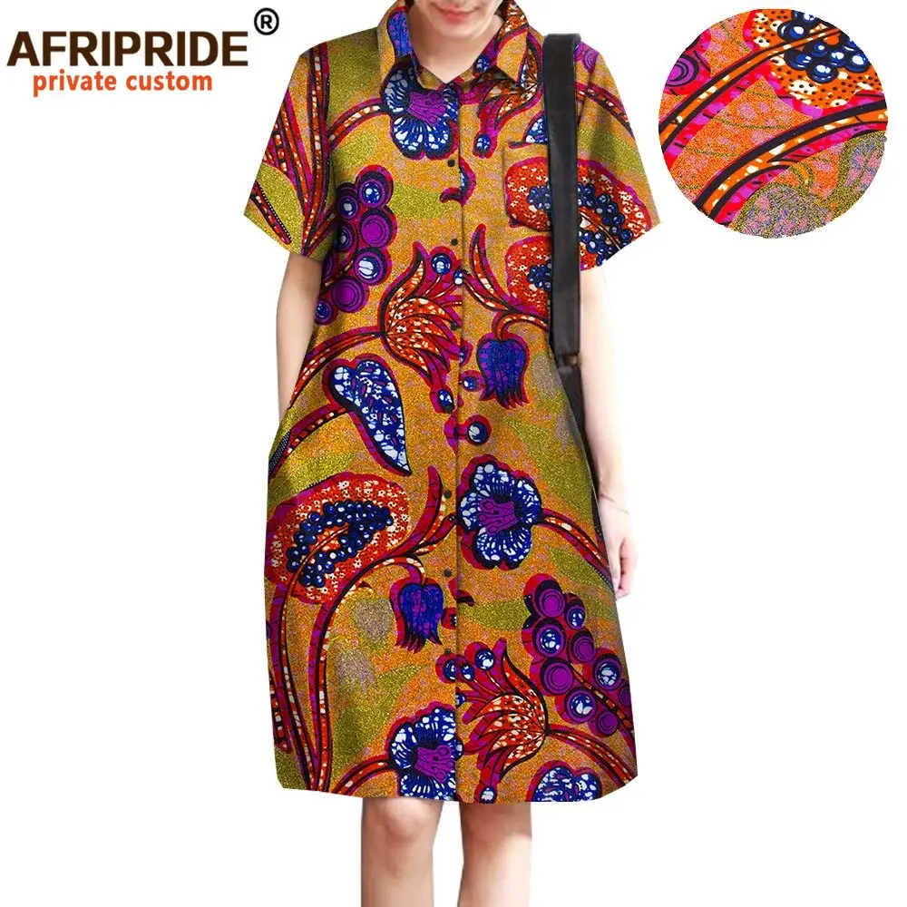 African Print Dresses for Women Shirt Dress Wax Batik 100% Cotton Plus Size Casual Outfits Short Sleeve Mini Dress A1825051
