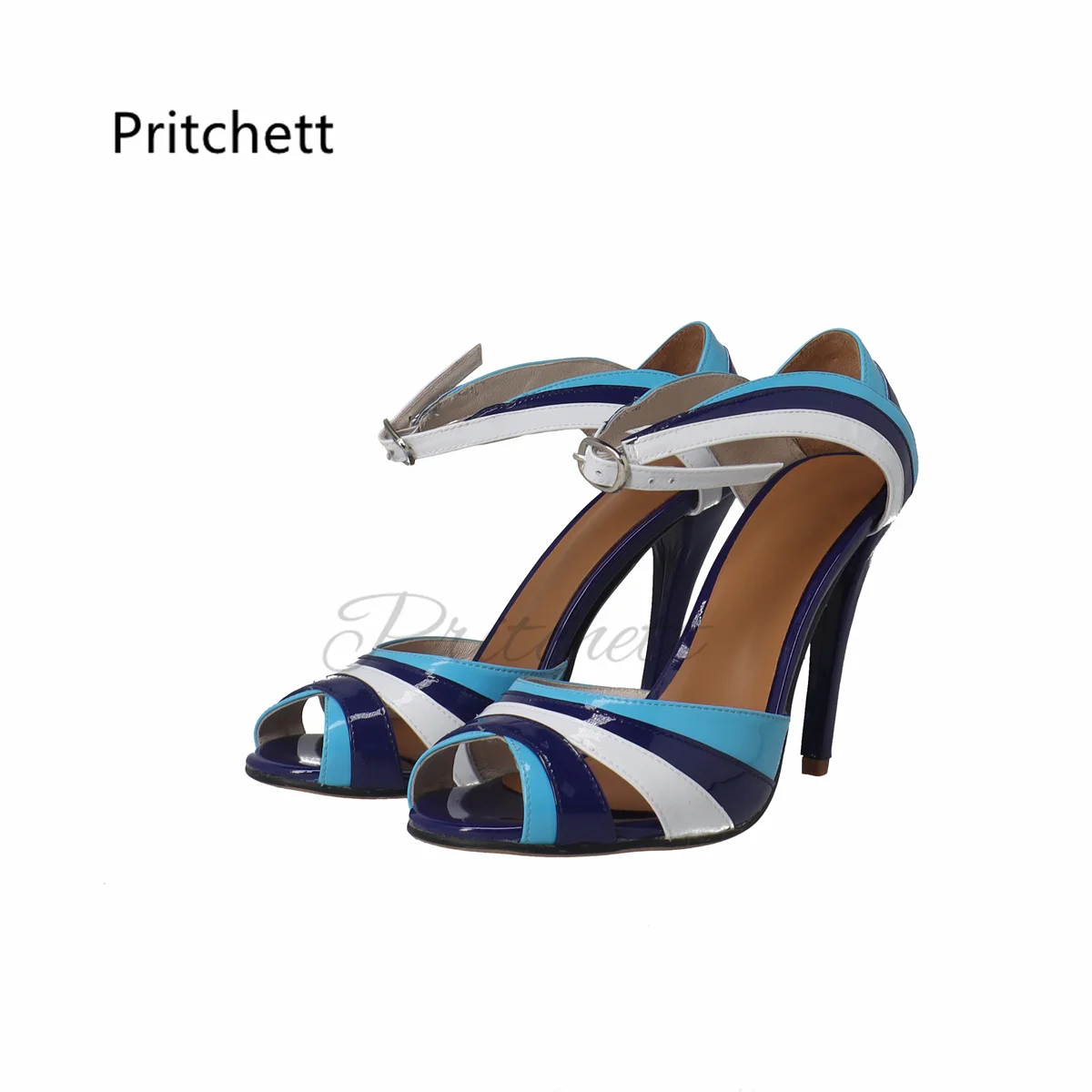 

Women's High Heels Blue White Leather Patchwork Peep Toe Sandals Summer Shoes Cover Heel Stiletto Buckle Strap Party Shoes