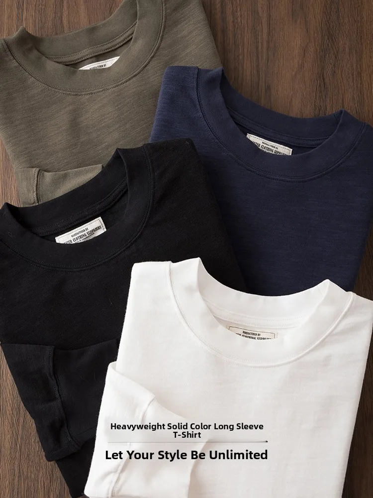 Heavyweight American Style Men's Long Sleeve round Neck T-Shirt Pure Cotton Bamboo Rayon Base Shirt White Color Spring Autumn