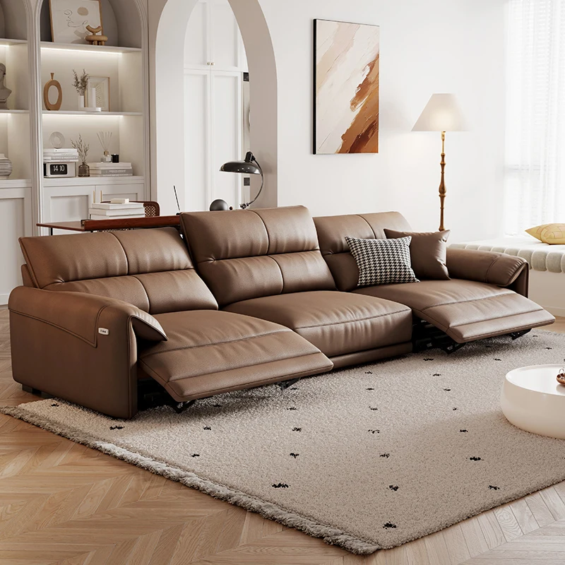 #First-Class Italian Minimalist Genuine Leather Sofa Multifunctional Electric Zero-Wall Retractable Power Recliner Sofa Set