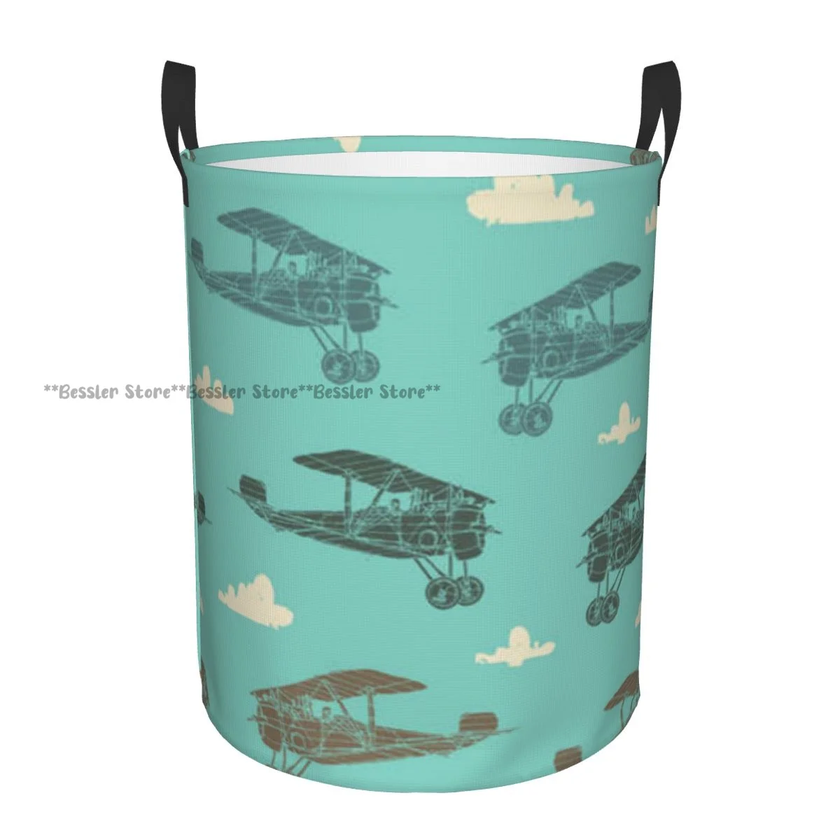 

Laundry Basket Retro Airplanes With Clouds Round Storage Bin Collapsible Hamper Clothes Bucket Organizer