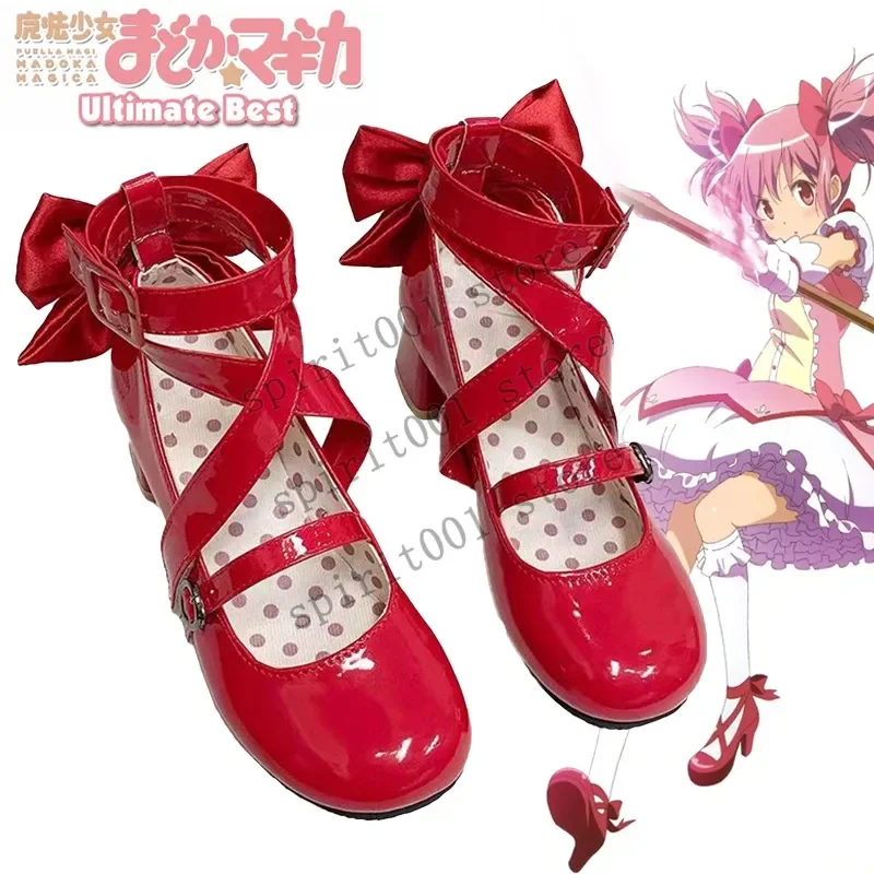 Women's High Heels Leather Boots Red Bow Lolita Cosplay Shoes Puella Magi Madoka Anime Kaname Madoka Halloween Costume Prop