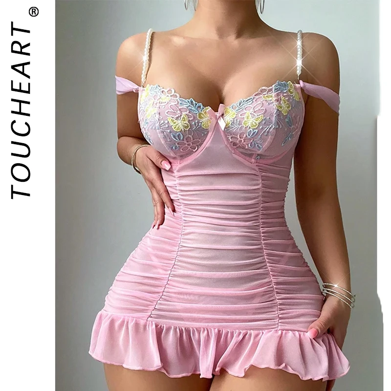 Toucheart 2-Piece Sexy Lingerie Lace See-Through Temptation Nightgown Thong For Women Embroidery Printing Ruched Suspender Dress