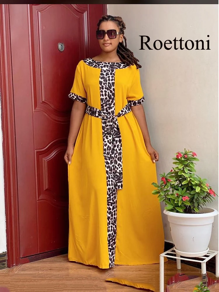 Loose Kaftan African Women\'s Dress Leopard Print Elasticity Muslim Robe With Belt/Hair Hoop Maxi Femme Boubou Long Abaya Blouse