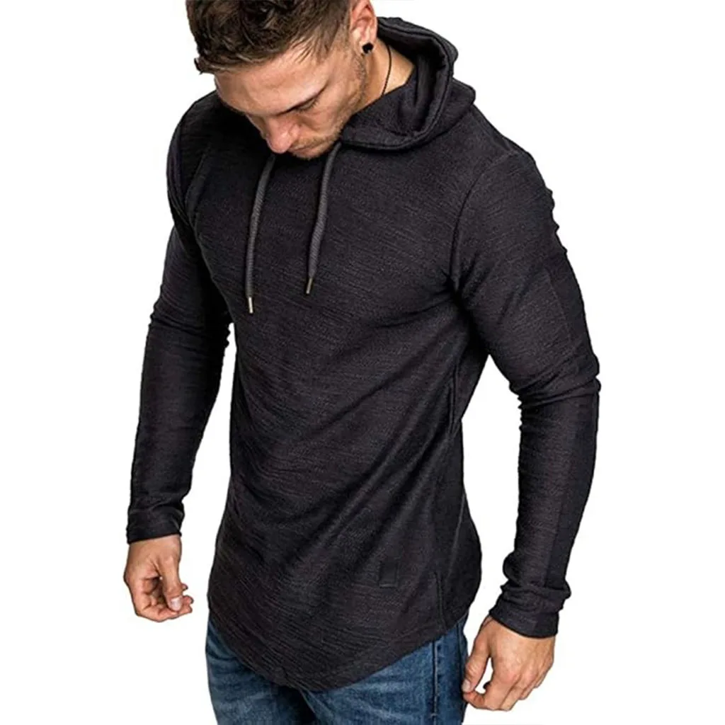 Herren-Langarm-T-Shirt mit Kapuze, Kordelzug, Baumwolle, lässig, gemütlich, einfarbig, schmale Passform, für Herren, Sport, Fitness, atmungsaktiv – Detail 11